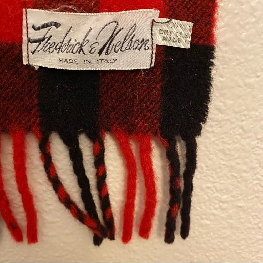 Fredrick and Nelson red buffalo plaid 100% wool made in Italy unisex scarf 11x54